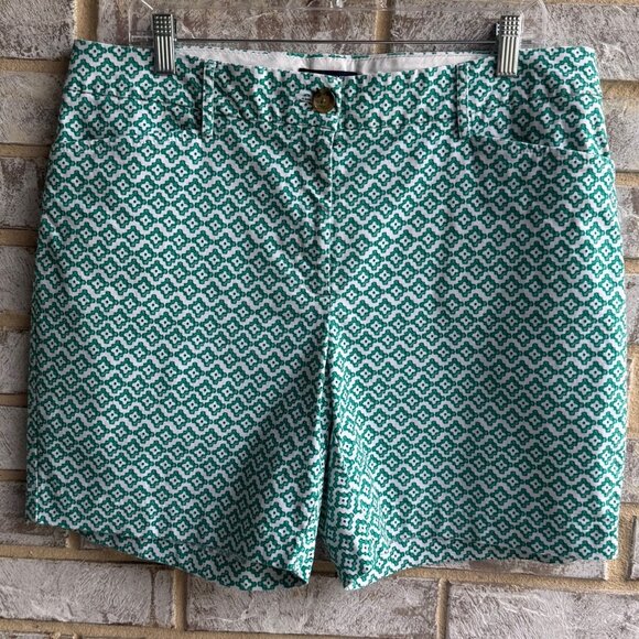 Lands' End Geometric Green/White Mid Rise Cotton Blend Chino Shorts Size 14 - Picture 1 of 9
